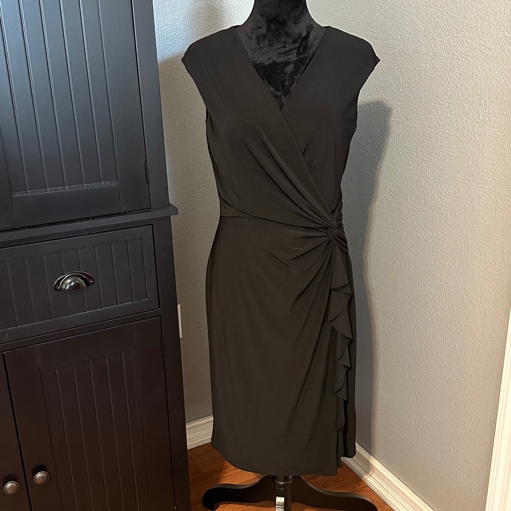 Lauren Ralph Lauren Faux Wrap Midi Dress Size 10 NWT Black Sleeveless